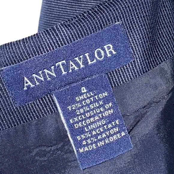 Ann Taylor Dress Navy Blue Cotton Silk Blend White Attached Belt w/Bow Sz 4 - Picture 4 of 7